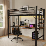 Asofer Metal Loft Bed Twin Size, Bunk Bed with Desk, Charging Station, LED Lights and CPU Station, 13" H Safety Guardrail, Retro