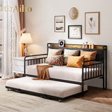 Daybed with Trundle, Twin Day Bed Frame with Storage Headboard and Charging Station, Sturdy Metal Sofa Bed with Pull-Out Trundle for Living Room, Bedroom and Guest Room - Grey