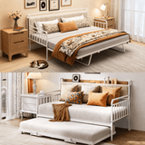 Asofer Full Upholstered Daybed with Trundle, Dorm Apartment Bed Frame, Charging Station, Lockable Wheels & Storage Headboard, White