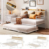 Lofka Daybed with Charging Station, Height Adjustable Twin Daybed with Trundle, Metal Sofa Bed Frame with Steel Slat Support for Living Room, Bedroom and Guest Room,White
