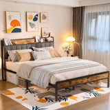 Full Size Platform Bed Frame with Storage Headboard, Noise-Free Metal Frame, Dark Gray