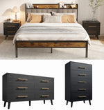 5 Pieces Bedroom Furniture Set, Includes Queen Size Bed Frame with Headboard, Nightstand Sets of 2，6-Drawers Dressers and 4-Drawers Dressers with Golden Mental Handle,Black