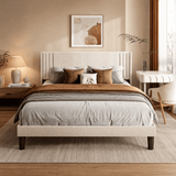 Asofer Full Beige Upholstered Platform Bed Frame, Wingback Fabric Headboard, Silent Wood Slat Support, Under-Bed Storage, No Box Spring Required，Beige