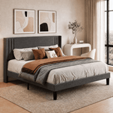 Asofer Queen Upholstered Platform Bed Frame with Channel Tufted Wingback Headboard, Reinforced Steel Slat Support, Gray