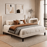 Asofer Queen Platform Bed Frame, Noise Reduced, Beige Upholstered Wingback Headboard, Reinforced Steel & Wood Slats, No Box Spring Needed