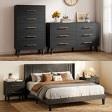 5-Piece Bedroom Furniture Set, Queen Platform Bed Frame, 2 Nightstands & 5 Drawer Dressers & 6 Drawer Dressers, Black