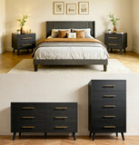 5 Pieces Bedroom Furniture Set, Includes Queen Size Bed Frame with Headboard, Nightstand Sets of 2，6-Drawers Dressers and 4-Drawers Dressers with Golden Mental Handle,Black