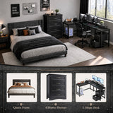 3-Piece Bedroom Furniture Set, Queen Bed Frame, 4 Drawer Storage Dresser & Reversible L Shaped Desk with USB Charging Ports, Bedroom Combo for Small Apartment Off-Campus Student
