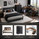 3-Piece Bedroom Furniture Set, Queen Bed Frame, 4 Drawer Storage Dresser & Reversible L Shaped Desk with USB Charging Ports, Bedroom Combo for Small Apartment Off-Campus Student