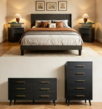 5 Pieces Bedroom Furniture Set, Includes Queen Size Bed Frame with Headboard, Nightstand Sets of 2，6-Drawers Dressers and 4-Drawers Dressers with Golden Mental Handle,Black