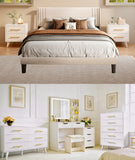 6 Pieces Queen Size Bedroom Furniture Set, Includes Queen Size Bed Frame,Vinaty with 5 Storage,5-Drawers Dressers,6-Drawers Dressers,2 Nightstands with Golden Handles for Bedroom,White