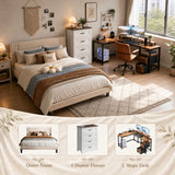 3-Piece Bedroom Furniture Set, Queen Bed Frame, 4 Drawer Storage Dresser & Reversible L Shaped Desk with USB Charging Ports, Bedroom Combo for Small Apartment Off-Campus Student