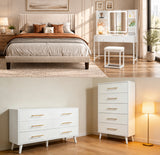 4 Pieces Bedroom Furniture Set, Includes Queen Size Bed Frame with Headboard,Vanity Desk with 2 Storage Drawers,Mirror and Lights,5-Drawers Dressers and 6-Drawer Dressers with Golden Handle for Bedroom