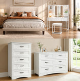 4 Pieces Bedroom Furniture Set, Includes Queen Size Bed Frame with Headboard,Vanity Desk with 2 Storage Drawers,Mirror and Lights,6-Drawers Dressers and 5-Drawer Dressers with Black Handle for Bedroom