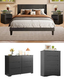 5 Pieces Bedroom Furniture Set, Includes Queen Size Bed Frame with Headboard, 2 Wooden Cutout 6- Drawers Dressers，Nightstand Set of 2 for Bedroom, Black