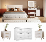 5 Pieces Bedroom Furniture Set, Includes Queen Size Bed Frame with Headboard, Vanity Desk with 5 Storage Drawers，Mirror and Lights,6-Drawers Dressers and Nightstand Sets of 2，White
