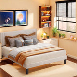 Queen Bed Frame with Geometric Headboard, Upholstered Platform Bed-No Box Spring Needed, Sturdy Metal Slats & 800lb Weight Capacity, Easy Assembly Noise-Free Design, Beige Fabric Modern Bedroom Furn