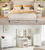 6 Pieces Bedroom Furniture Set, Includes King Size Bed Frame with Headboard,White Vanity,5-Drawers Dressers,6-Drawers Dressers,Nightstand Set of 2 for Bedroom,White