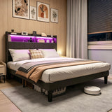Asofer Queen Upholstered Platform Bed Frame, Linen Bed with RGB LED & USB-C Charging Headboard, Dark Gray
