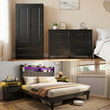 Asofer 5 - Piece Bedroom Furniture Sets - Includes Queen Size Bed Frame with Headboard, 2 Nightstands with Charge Station, 6-Wide Drawer Dresser & Armoire Wardrobe, Black
