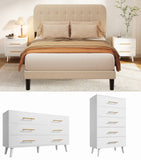 5 Pieces Bedroom Furniture Set, Includes Queen Size Bed Frame with Headboard, Nightstand Sets of 2，6-Drawers Dressers and 4-Drawers Dressers with Golden Mental Handle,Black