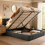 Asofer Full Size Hydraulic Lift Storage Bed Frame, Button Tufted Wingback Upholstered Platform Bed, Gray