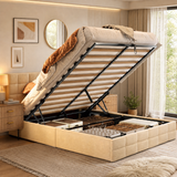Asofer Full Size Hydraulic Lift Storage Bed Frame, Button Tufted Wingback Upholstered Platform Bed, Beige