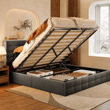Asofer King Dark Gray Hydraulic Lift Storage Bed Frame, Modern Wingback Upholstered Platform Bed, Noise-Free Wood Slat Support, No Box Spring Required
