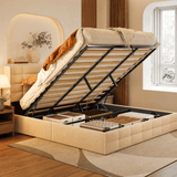 Asofer King Beige Hydraulic Lift Storage Bed Frame, Modern Wingback Upholstered Platform Bed, Noise-Free Wood Slat Support, No Box Spring Required