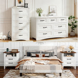 Bedroom Furniture Set, Asofer Queen Size Bed Frame with Headboard, 2 Nightstands, 5-Drawer Dresser & 7-Drawer Chest, White