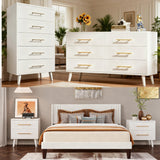 Bedroom Furniture Set - Includes Queen Size Bed Frame with Headboard, 2 Nightstands, 5-Drawer Dresser & 6-Drawer Dresser with Metal Handle, White
