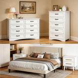 Bedroom Furniture Set, Asofer Queen Size Beige Bed Frame with Headboard, 2 Nightstands, 5-Drawer Dresser & 8-Drawer Dresser, White