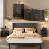 Bedroom Furniture Set - Includes Queen Bed Frame, Nightstands Set of 2 with Charging Station, 5-Drawer Dresser & Double Wide 6-Drawer Dresser - Modern Storage Solution for Stylish Home Decor, Black