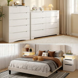 Bedroom Furniture Set - Includes Queen Size Bed Frame with Headboard, 2 Nightstands, 6-Tall Drawer Dresser & 8-Drawer Dresser, White