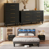 5 - Piece Black Queen Bedroom Furniture Sets, Asofer 2 Nightstands, 5 & 6 Drawer Dresser, Queen Bed Frame with Wingback Headboard
