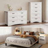 Bedroom Furniture Sets, Asofer Queen Size Beige Bed Frame with Headboard, 2 Nightstands, 5-Drawer Dresser & 6-Drawer Dresser, White