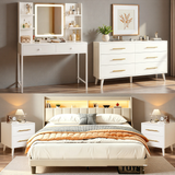 Lofka 5-Piece Modern Bedroom Furniture Set, Full Bed with LED and Charging Station, Nightstands, Vanity and 6 Drawer Dresser