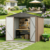 Asofer Outdoor Storage Shed 8 x 6 FT, Galvanized Metal Garden Shed with Double Lockable Doors for Backyard Patio Lawn-Brown