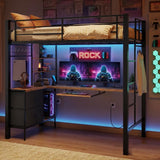 Bunk Bed with Desk,Lofka Loft Bed Twin Size with Ladder, Guardrail&LED lights,Small Space Saving Furniture for Bedroom Dorm,Retro Brown Board