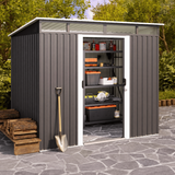 Asofer 8×6 FT Galvanized Metal Outdoor Storage Shed, Sliding Lockable Door Utility Shed with Transparent Window, All-Weather Waterproof Garden Tool Storage Building for Backyard Patio Lawn, Dark Gray