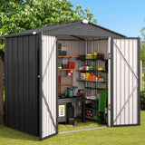 Asofer 6'x4' Galvanized Metal Storage Shed & Solid Wood Garden Storage Potting Table 2-in-1 Bundle, All Weather Backyard Tool & Workspace Combo