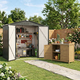 Asofer 6'x4' Galvanized Metal Storage Shed & Solid Wood Garden Storage Potting Table 2-in-1 Bundle, All Weather Backyard Tool & Workspace Combo