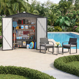 Asofer 6×4 FT Lockable Metal Garden Shed with 3PCS Outdoor Wicker Sofa Set, Complete All Weather Patio Storage & Lounge Furniture for Poolside Lawn