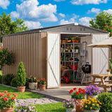 Asofer 8'x12' Heavy Duty Galvanized Metal Outdoor Storage Shed with Lockable Double Doors & Vents for Lawn & Backyard, Brown