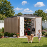 Asofer 8x12 FT Weatherproof Metal Outdoor Storage Shed with Gable Roof, Lockable Double Hinged Doors & 4 Air Vents, Heavy Duty Steel Tool Organizer for Backyard Patio Lawn, Brown