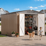 Asofer 8 x 12 FT Galvanized Metal Outdoor Storage Shed, Weatherproof Shed with Gable Roof, 4 Vents & Lockable Double Doors for Backyard Patio Lawn, Light Brown
