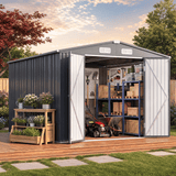 Asofer 10 x 10 FT Galvanized Metal Outdoor Storage Shed, Large Waterproof Garden Tool Shed, Lockable Double Doors & 4 Air Vents, All‑Weather Utility Building for Backyard Patio Lawn, Dark Gray