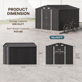 Asofer 10 x 10 FT Galvanized Metal Outdoor Storage Shed, Large Waterproof Garden Tool Shed, Lockable Double Doors & 4 Air Vents, All‑Weather Utility Building for Backyard Patio Lawn, Dark Gray