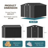 Asofer 10x10 FT Gray Galvanized Metal Storage Shed, Large All-Weather Utility Shed with Lockable Double Doors for Backyard Patio Lawn