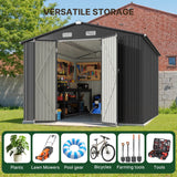 Asofer 10x10 FT Gray Galvanized Metal Storage Shed, Large All-Weather Utility Shed with Lockable Double Doors for Backyard Patio Lawn